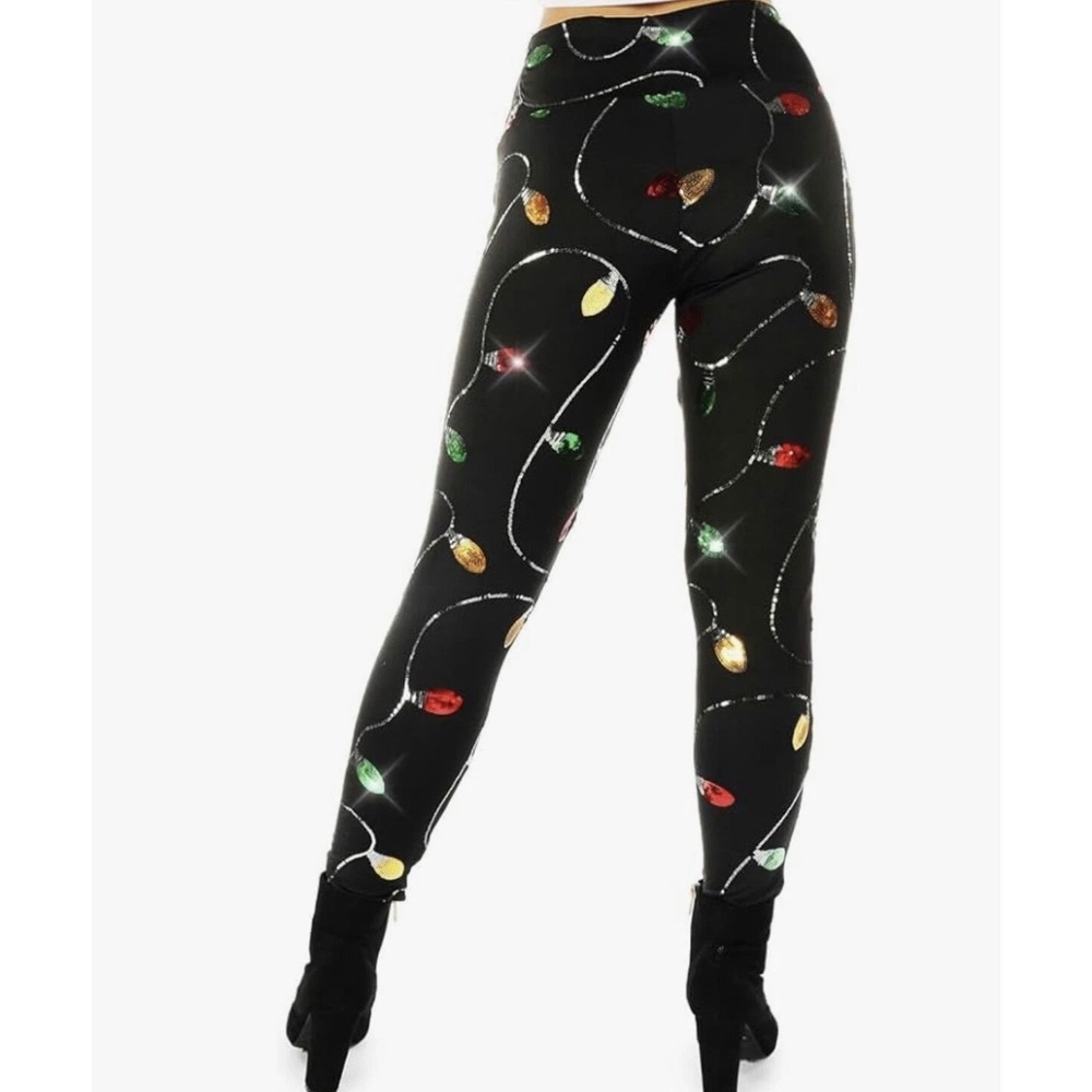 Tipsy Elves Womens XXL Christmas Tree Light High Waisted Leggings Black Holiday - Picture 2 of 4